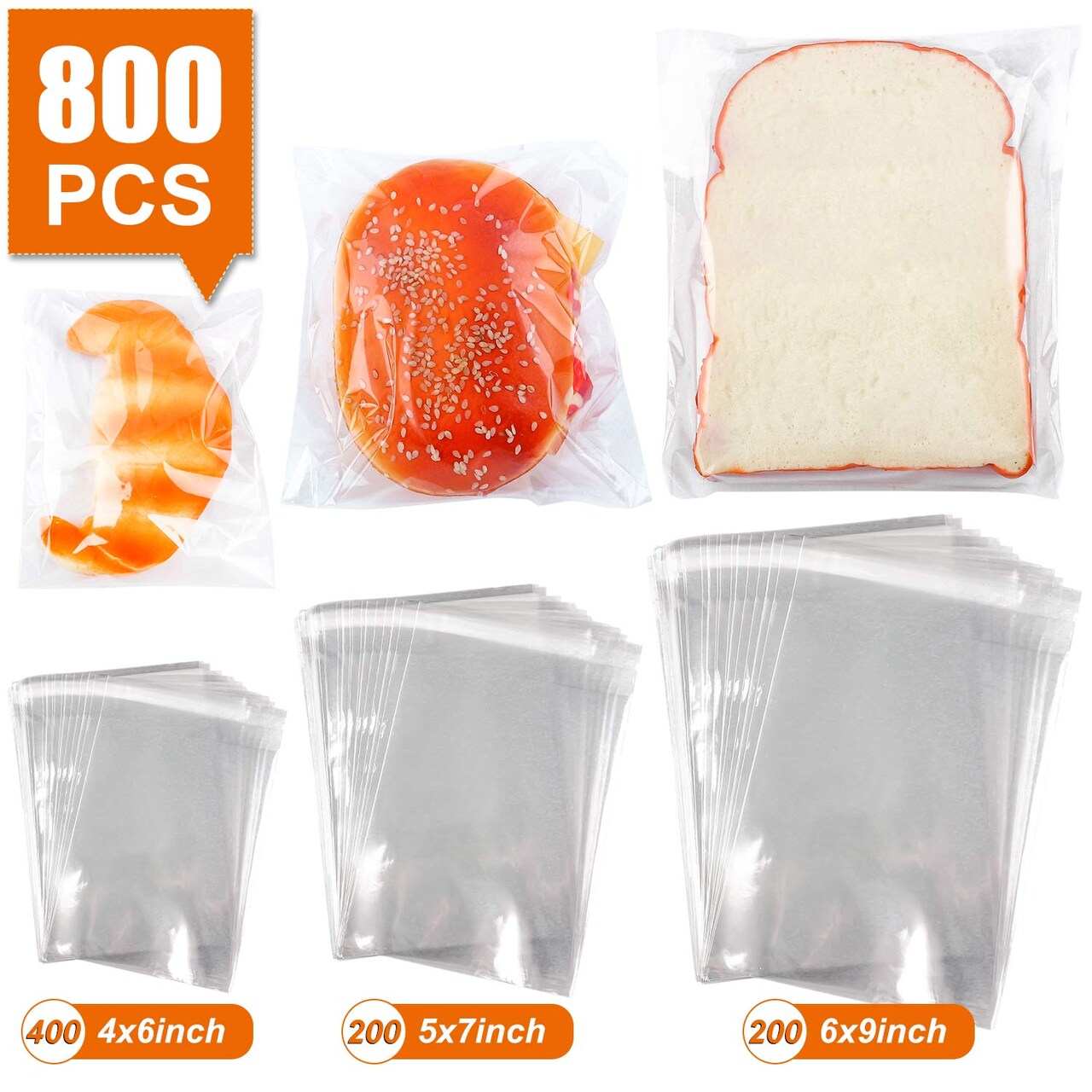 800 Pieces Clear Re-sealable Cello/Cellophane Bags 3 Sizes with 4×6, 5×7, 6×9 Inch Good for Bakery, Snacks, Candle, Soap, Cookie, Jewelry, Cards